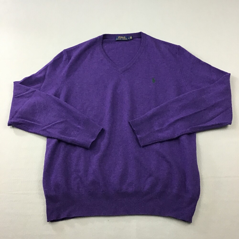 Polo Ralph Lauren Sweater Men Large PurpleSolid V-Neck Pullover Knit Pony Wool
